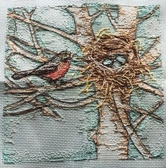 The Gold Collection Petites Robin's Nest 16ct Cross-stitch kit showing back stitch from reverse side.
