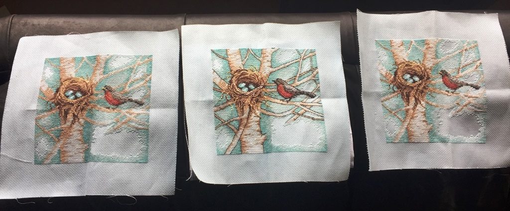 A trio of Robin's Nest Counted Cross-stitch Kits with description and sources to purchase your own Dimensions crafts Gold cross stitch kit.