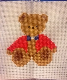 Completed Teddy Bear counted cross stitch kit for kids.