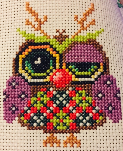 Reindeer owl from the cross stitched Christmas owls