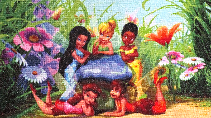 Tinkerbell cross-stitch project on 14ct white Aida.